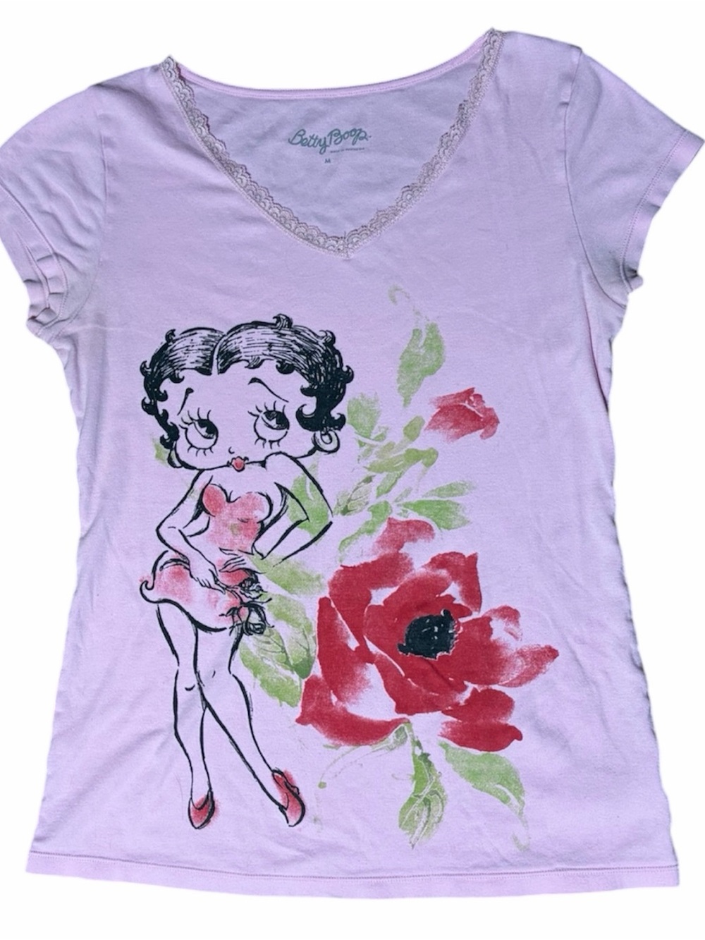 Betty Boop Lavender V-Neck Tee with Red Rose Graphic